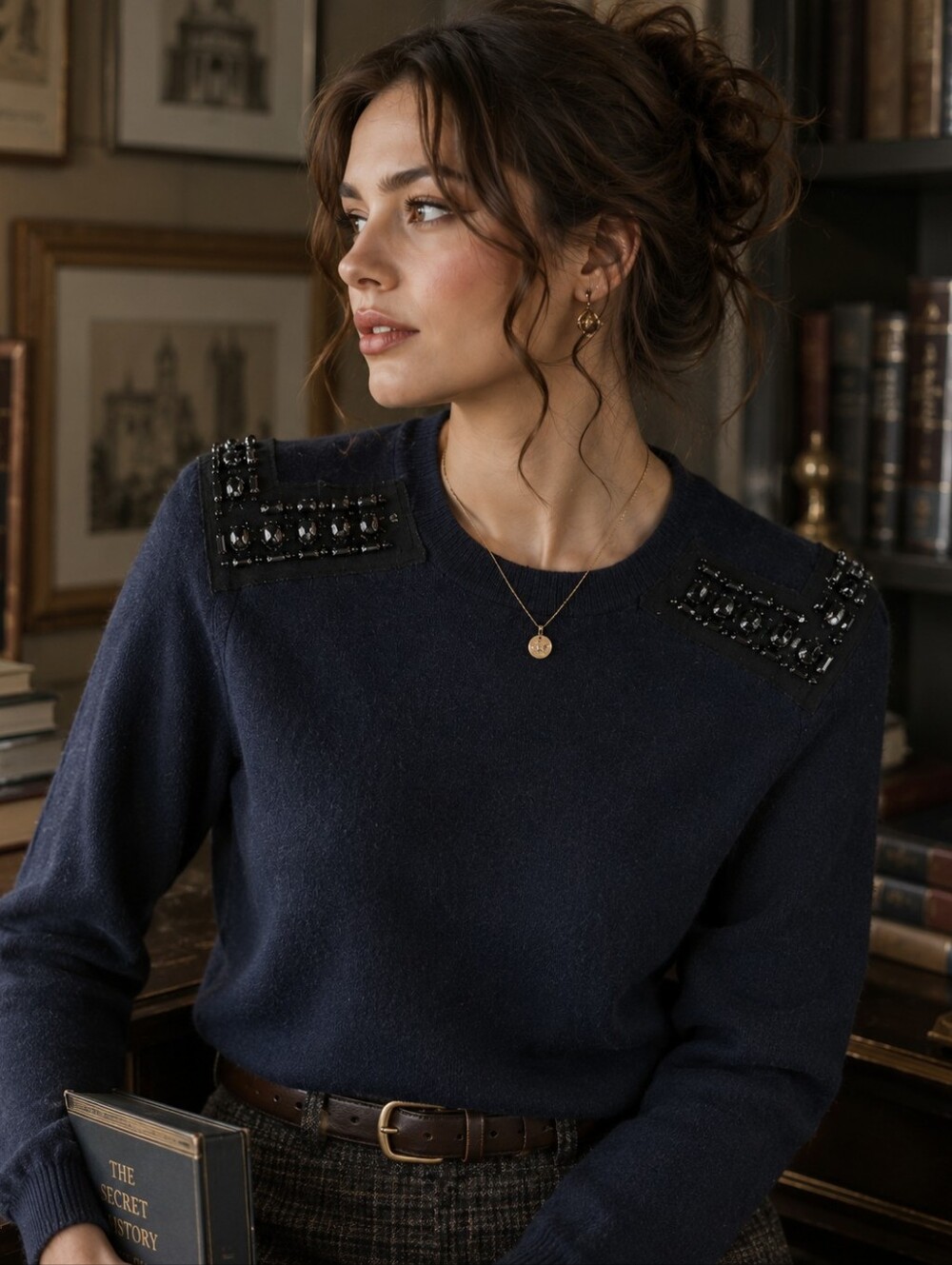 J.Crew Cashmere Blend Sweater S Navy Jeweled Rhinestone Dark Academia Moody Lux
